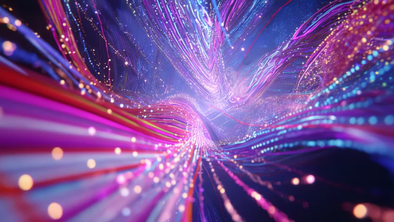 A breathtaking visualization of vibrant, swirling particles in a digital cosmos, capturing the mesmerizing motion of colorful strands and illuminated tendrils of light flowing through space