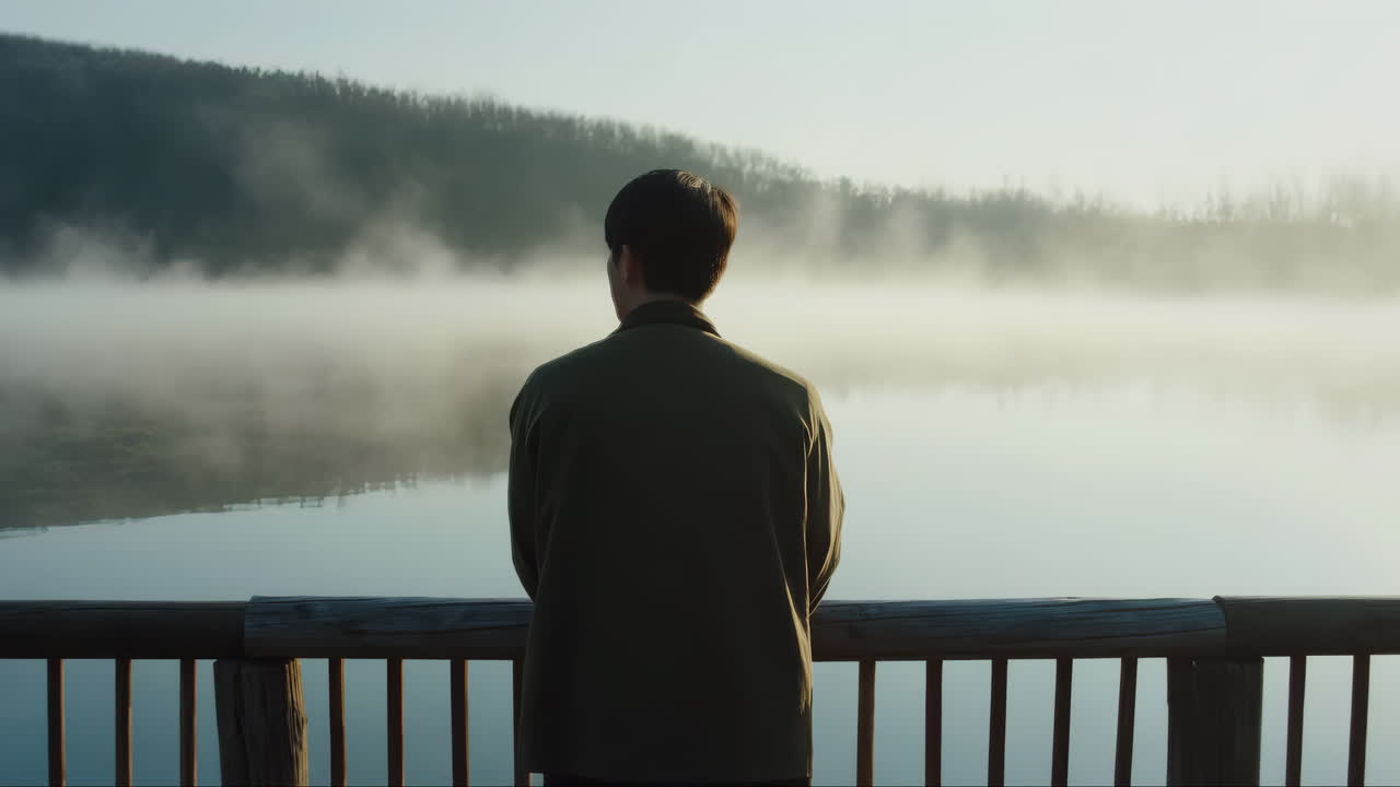 Man Looking Out Over a Misty Lake at Dawn