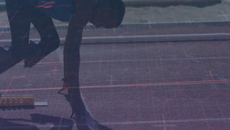 animación del procesamiento de datos digitales sobre un atleta masculino discapacitado con cuchillas de correr en la pista de correr