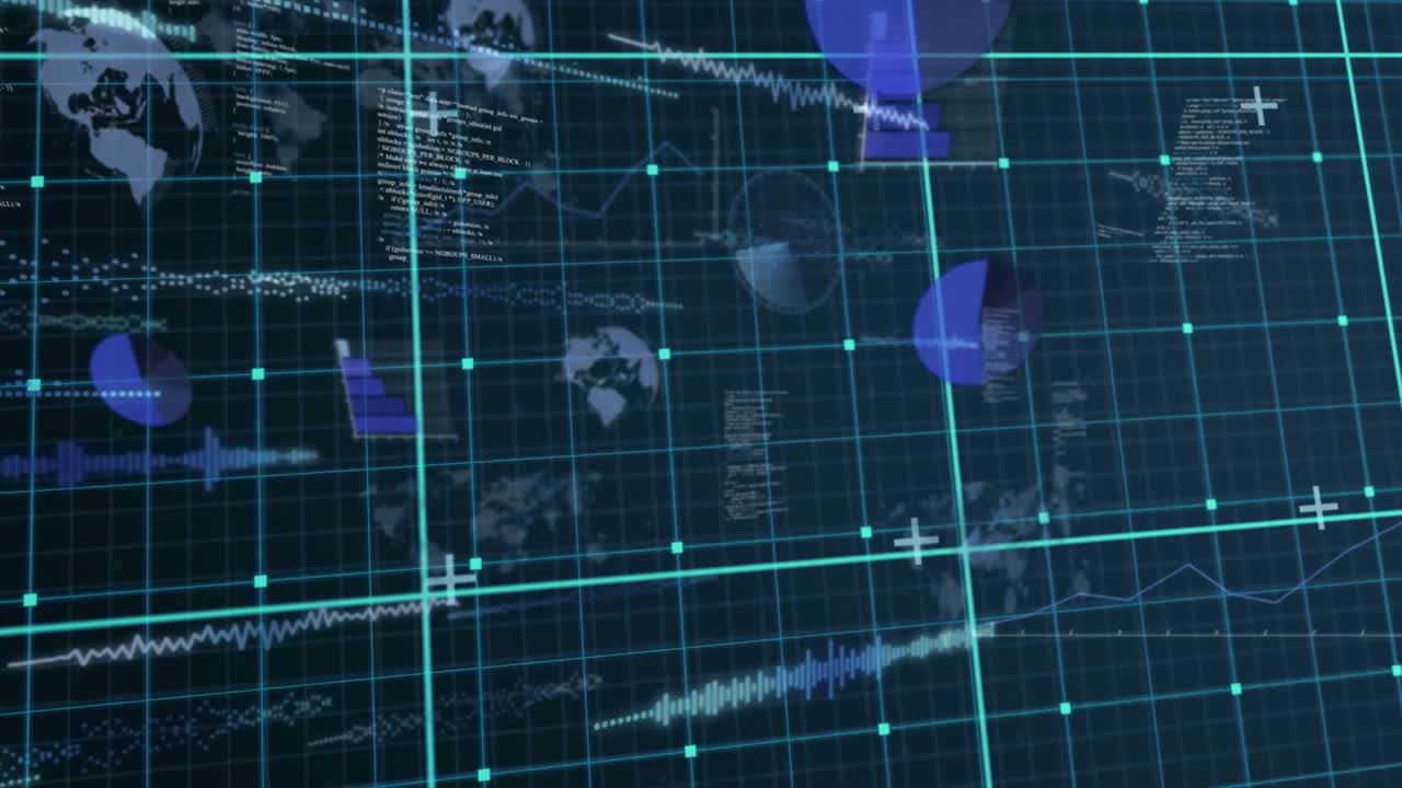 On load turquoise grid animating globes appearing waveforms rising code scrolling building data HUD