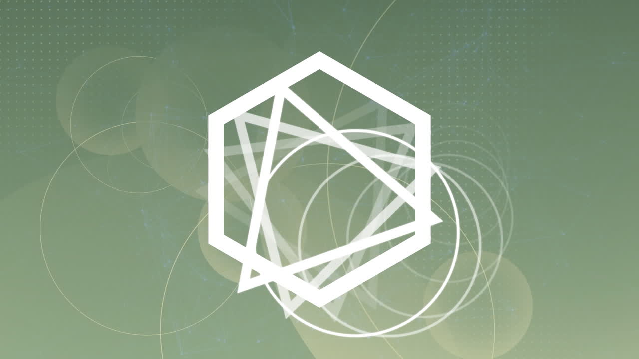 녹색 배경에 회전하고 반 ⁇ 이는 점의 기하학적 모양의 애니메이션