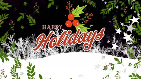 Animation-of-happy-holidays-text-over-snow-falling-and-leaves-on-black-background-at-christmas