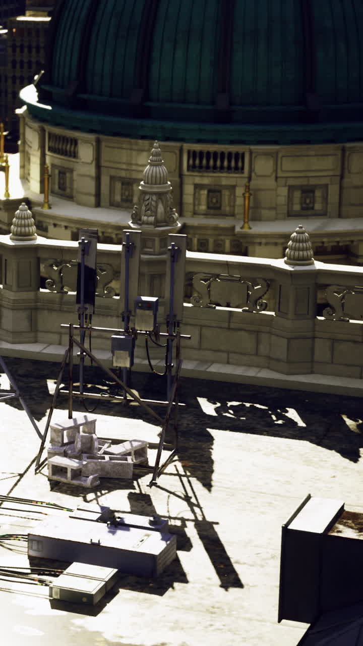 Construction equipment is set up on a buildings rooftop during the day