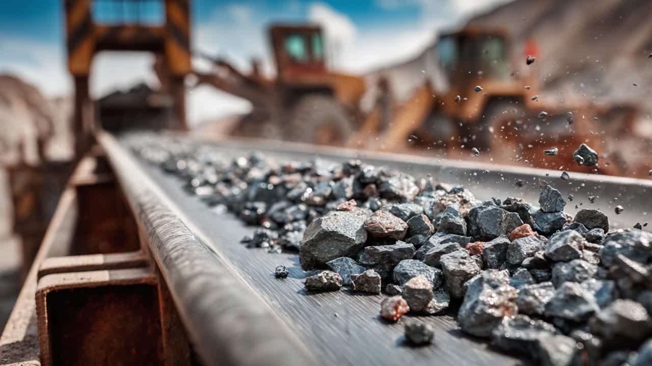 Heavy Machinery Operating in a Gravel Processing Plant with a Conveyor Belt Carrying Rocks and Minerals, Captured in Close-Up Focused Detail