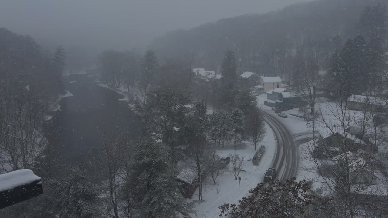 Rosendale, New York, on a snowy, beautiful winter day, during a nor'easter, as seen from the high trestle bridge, over the Rondout Creek, on the Wallkill Valley rail trail far above the village