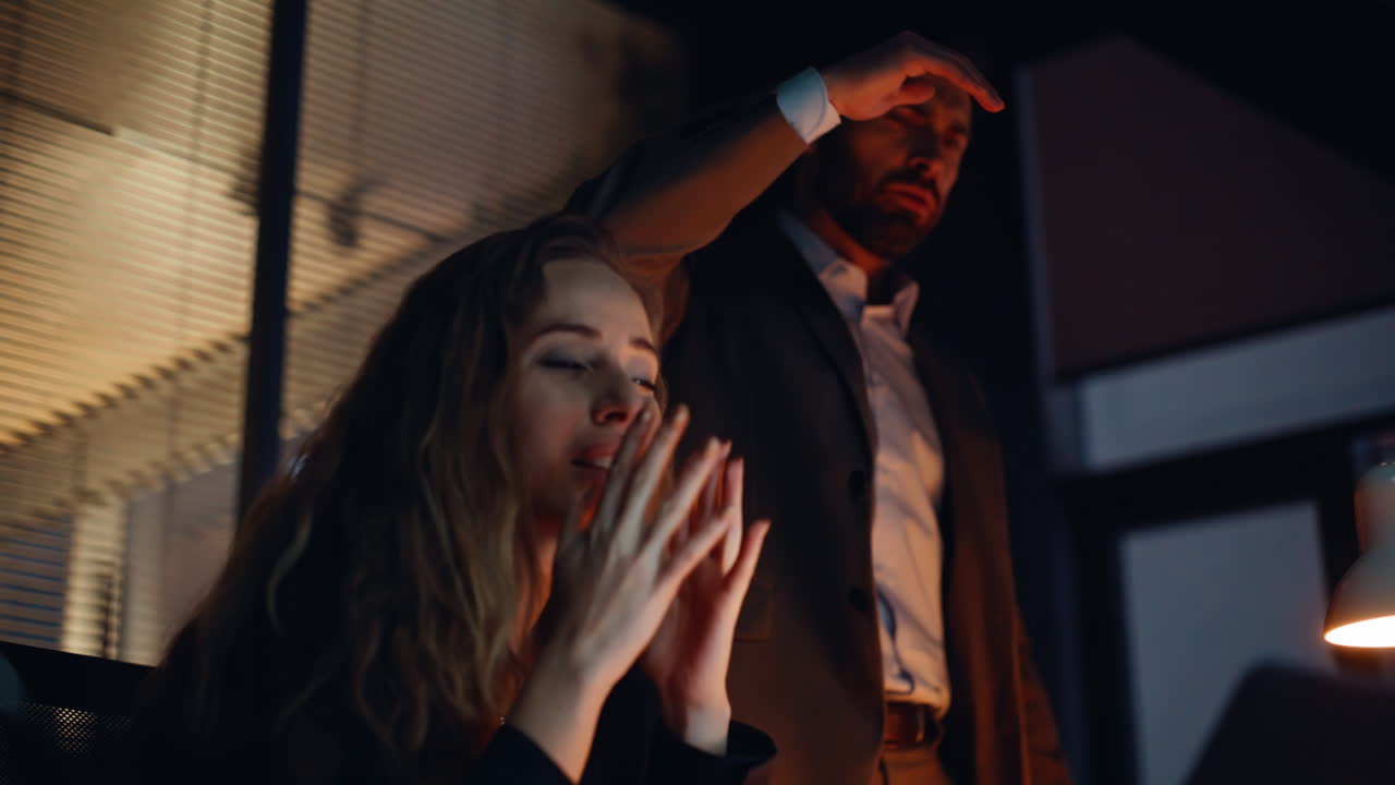 Portrait worried overtime coworkers reacting problem emotionally at workplace