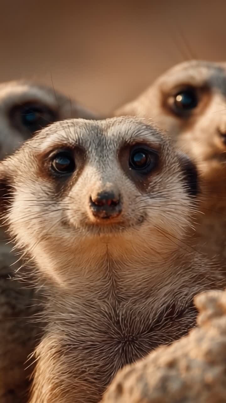 Primer plano cautivador de un grupo de suricatas en su hábitat natural, mostrando sus expresiones únicas y su naturaleza juguetona.