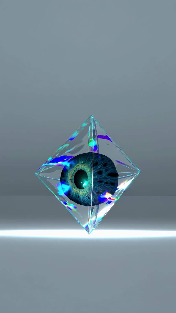 Realistic blue eye floating in a glass octahedron above a softly illuminated surface, creating a surreal scene against a minimalist gray background