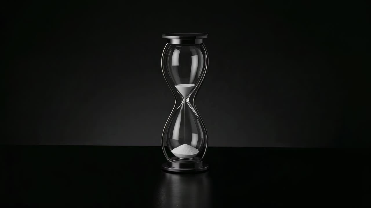 Gravity pulling white sand through glass hourglass waist on black table, illustrating time