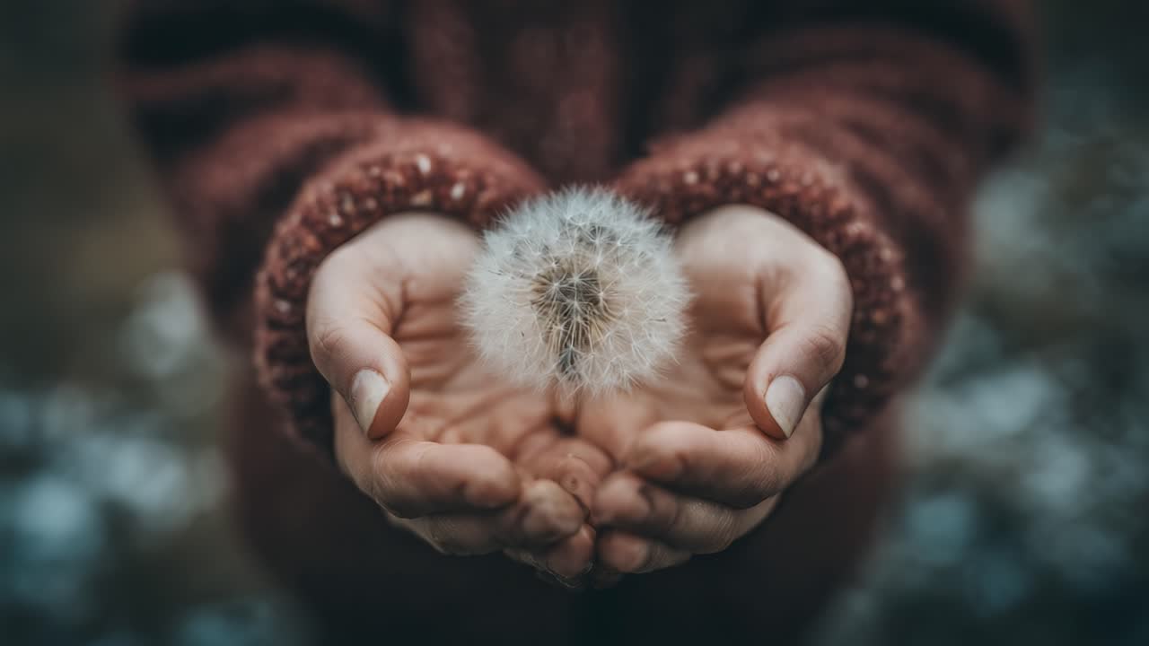 A Serene Moment: Capturing the Delicate Beauty of a Dandelion Puff Held Gently Between Two Hands, Symbolizing Nature's Fragility and Life's Transience