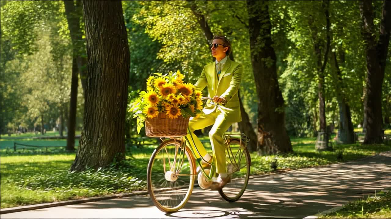 A Stylish Individual in a Vivid Green Suit Cycling Through a Lush Park, Surrounded by Vibrant Sunflowers in a Basket, Embracing the Joy of Nature and Fashion on a Bright Sunny Day