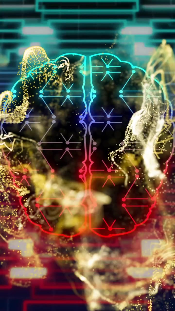 Animation d'un cerveau numérique sur des formes néon en mouvement