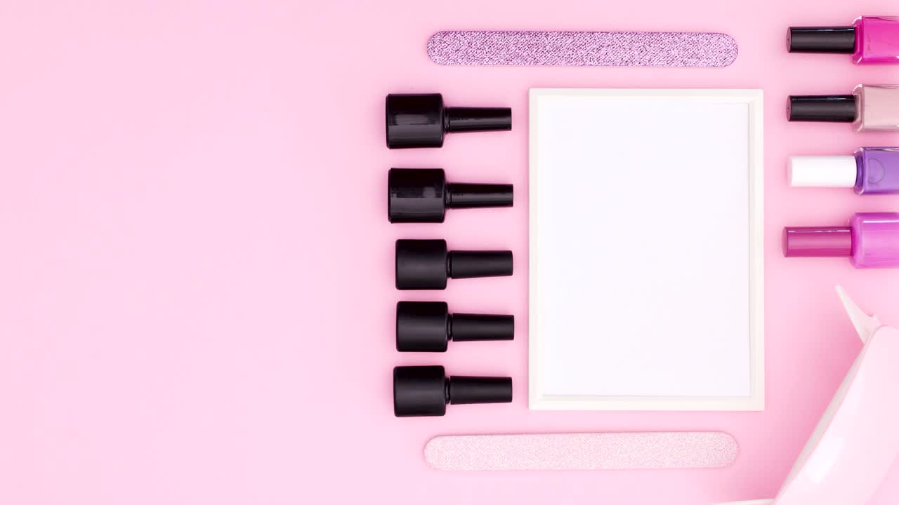 Nail manicure tools appear on right side of pink theme. Stop motion