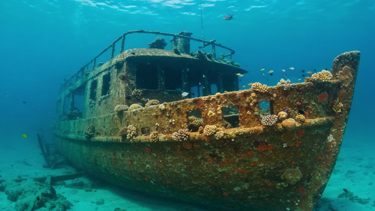 A Submerged Vessel Overgrown with Coral: A Stunning View of an Underwater Shipwreck Teeming with Marine Life and Nature's Resilience in Aquatic Environments