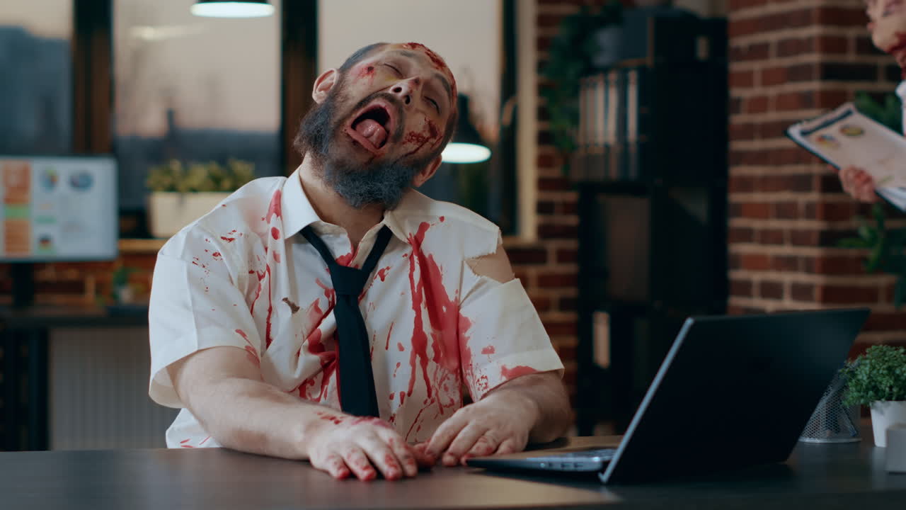 Bizarre looking zombie using modern laptop in office workspace