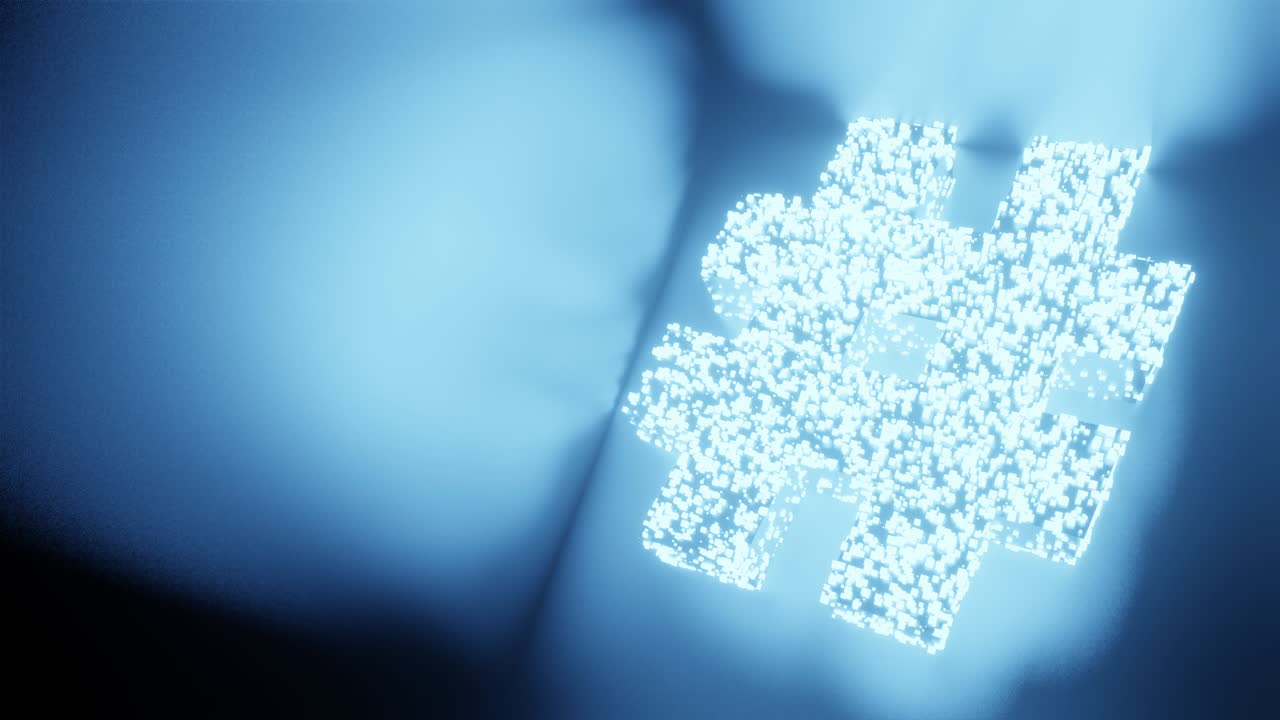 해시태그 표지판과 기호 빛나는 미래의 입자 3d 렌더링 큐브 다각형 패턴, 소셜 네트워크, 인터넷 연결 기술, 검은 바탕에 개념 디자인, 복사 공간과 함께 4k 애니메이션