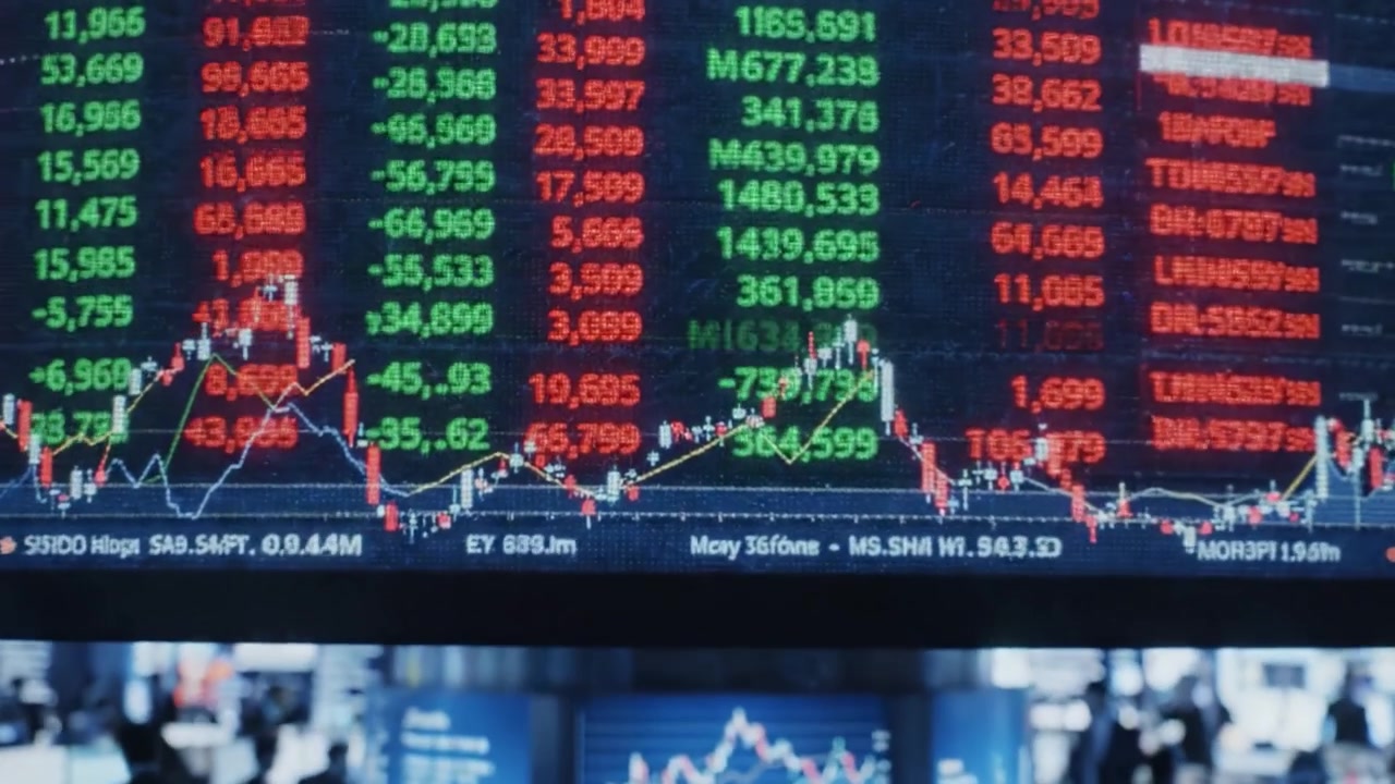 Visualizzazione Dinamica del Mercato Finanziario: Trader che Analizzano le Tendenze Azionarie con Display Grafici Avanzati in un Ambiente Moderno di Sala Trading