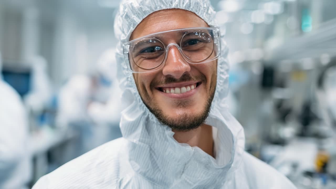 A Smiling Technician in Cleanroom Attire Displays Enthusiasm and Professionalism in a High-Tech Laboratory Setting Focused on Innovation and Research