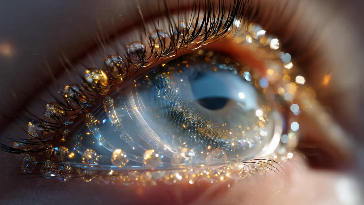 An Enigmatic Close-Up of an Eye Adorned with Sparkling Droplets, Capturing the Intricate Details and Reflections That Create a Mesmerizing Visual Experience, Highlighting the Beauty of the Human Eye
