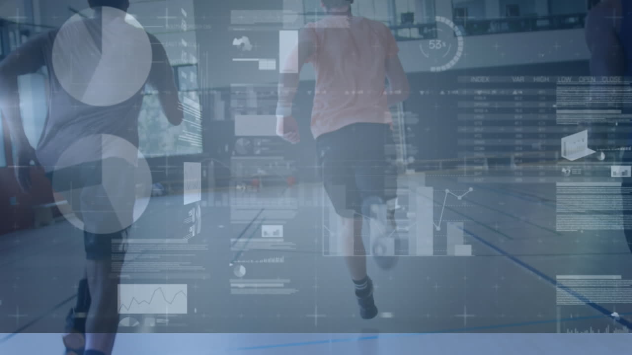 animación del procesamiento de datos sobre diversos jugadores de baloncesto en el gimnasio