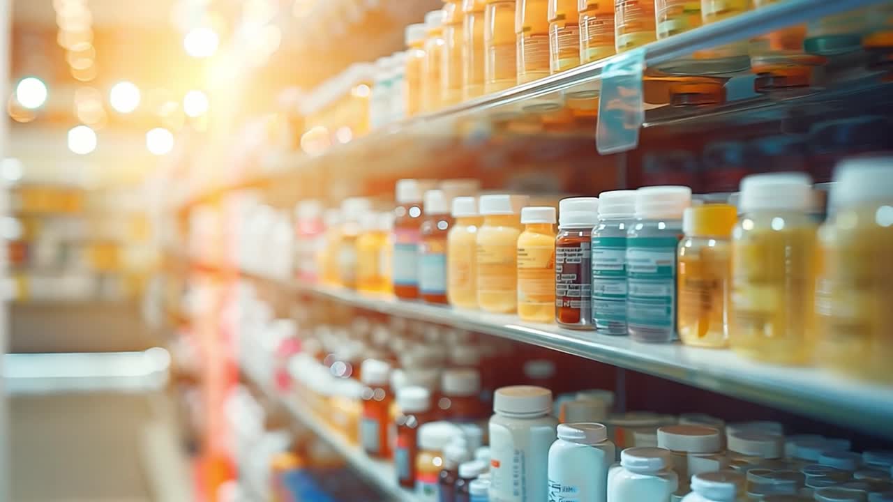 Pharmacy shelf with various medications and products