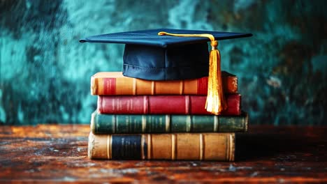 graduation cap on stack of books