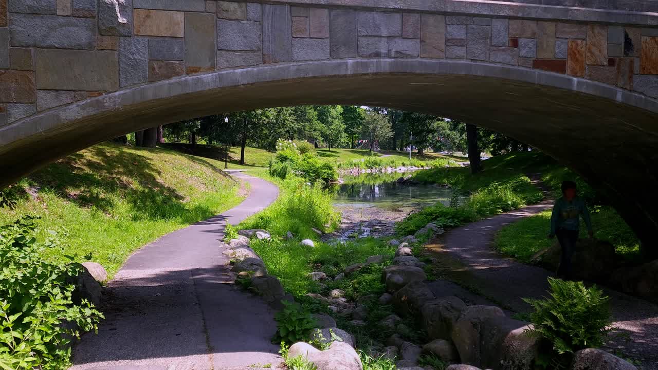Scenic Park View Under a Stone Bridge with Winding Paths and Water