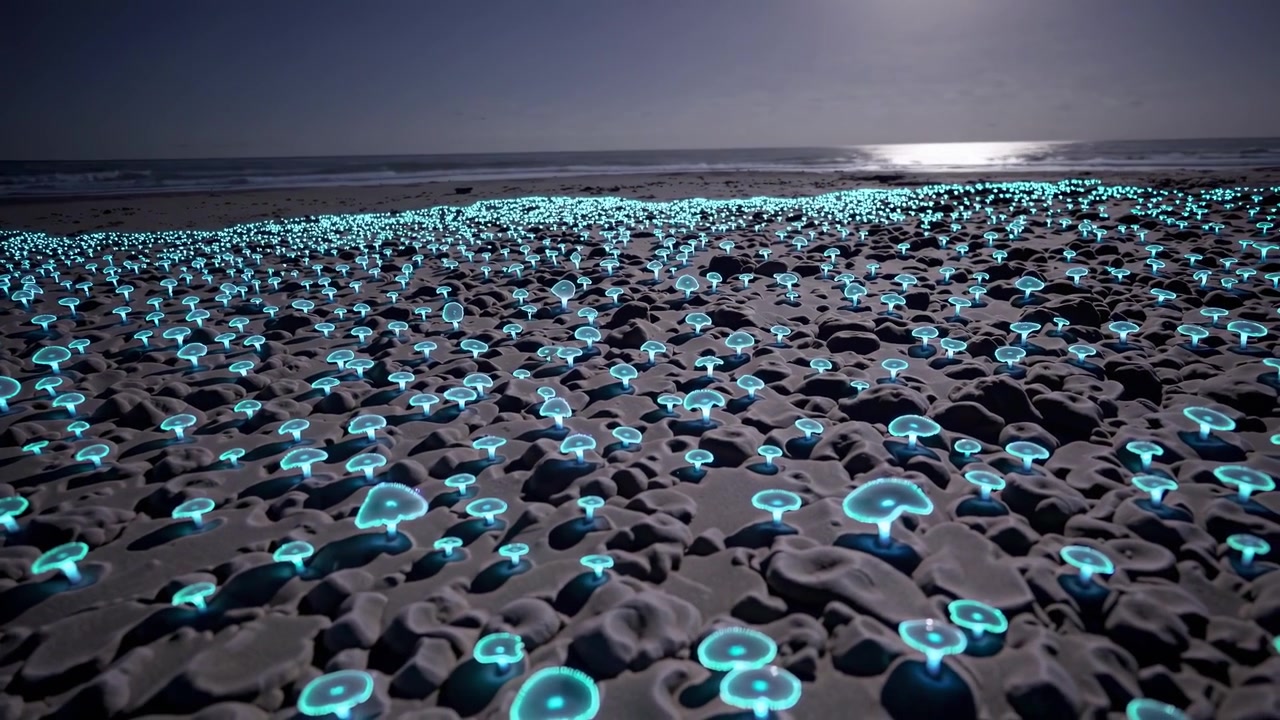 Bioluminescent Mushrooms Glowing on a Sandy Beach at Night