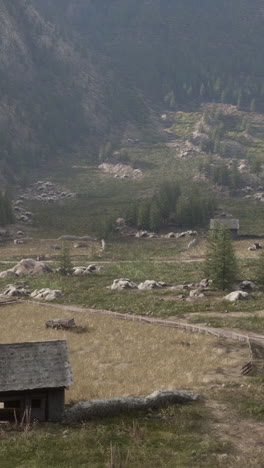 a scenic view of a valley with farmhouses, green grass, and trees