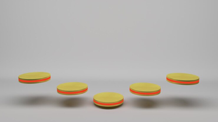 Golden product stand futuristic or podium pedestal on empty display growing flashing light with white backdrops. 3D rendering. seamless loop.