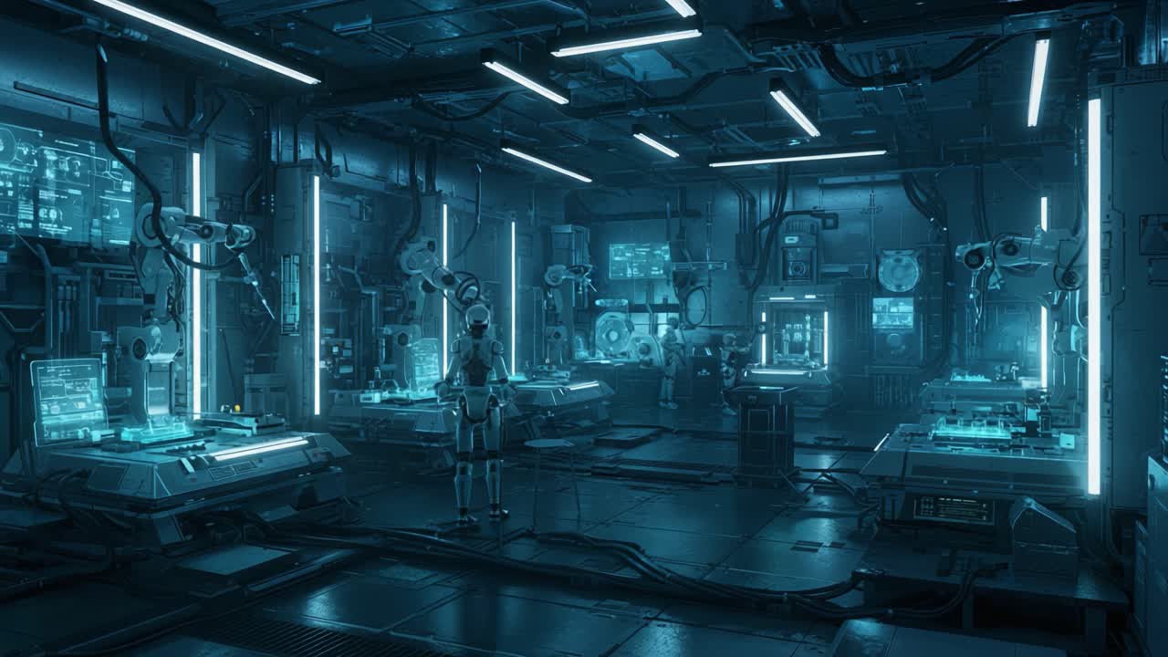 Laboratorio Futuristico con Robotica Avanzata: Un'Esplorazione Intricata di Tecnologia e Intelligenza Artificiale in un Ambiente High-Tech.