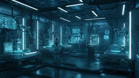 futuristic laboratory with advanced robotics: an intricate exploration of technology and artificial intelligence in a high-tech environment