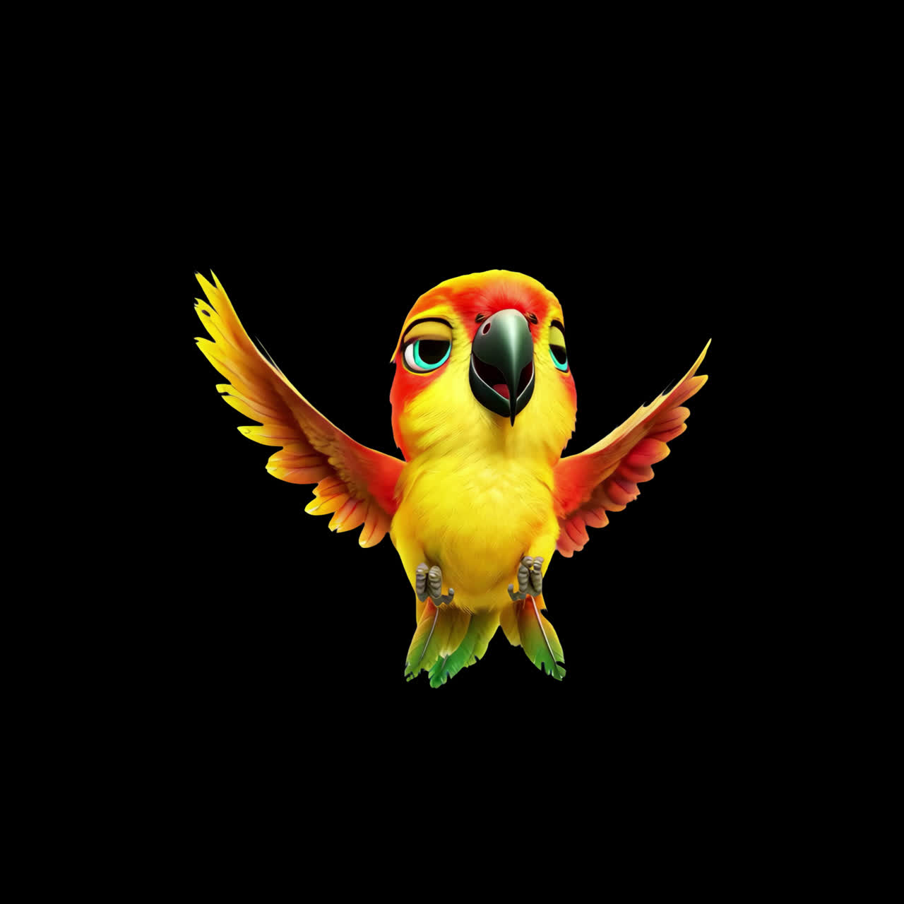 Colorful cartoon parrot flying animation isolated asset, transparent 4K video, alpha channel, ProRes