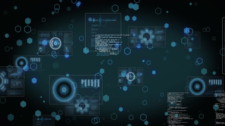 Animation of data processing with scope scanning on black background
