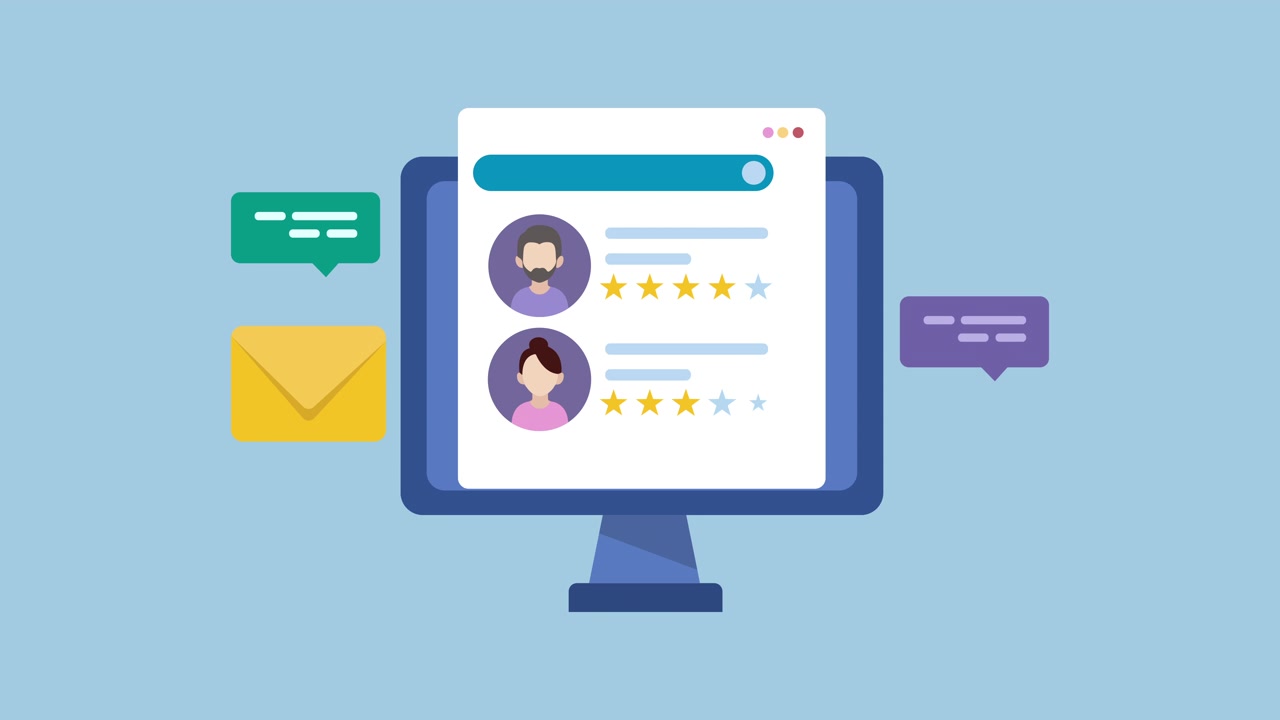Animated Computer Screen Displaying User Profiles and Reviews