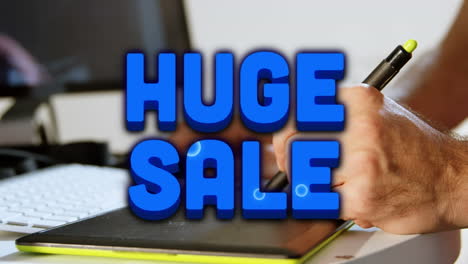 animación de una gran venta sobre las manos de un hombre caucásico usando una tableta gráfica