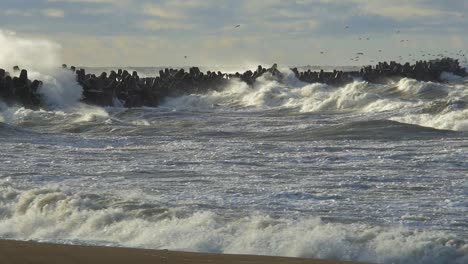 Big-waves-breaking-against-Northern-Pier-at-Liepaja-in-sunny-day,-seagulls-drifting-in-the-high-wind,-slow-motion-wide-shot