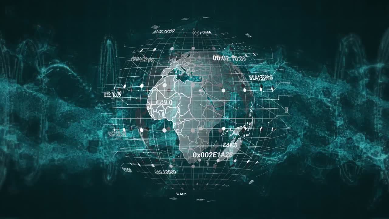 Animation of globe with data processing over dark background