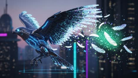 a futuristic cybernetic falcon soars through a neon cityscape, leaving a trail of sparkling digital feathers in its wake, symbolizing freedom and innovation
