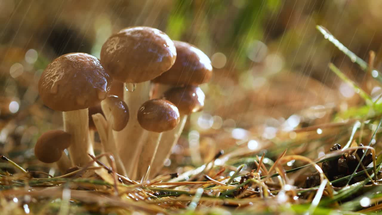 Опята (Armillaria) в солнечном дождливом лесу