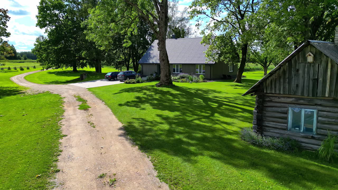 Aerial pull back shot capturing rural wooden huts on green field with a pathway at countryside during daytime.