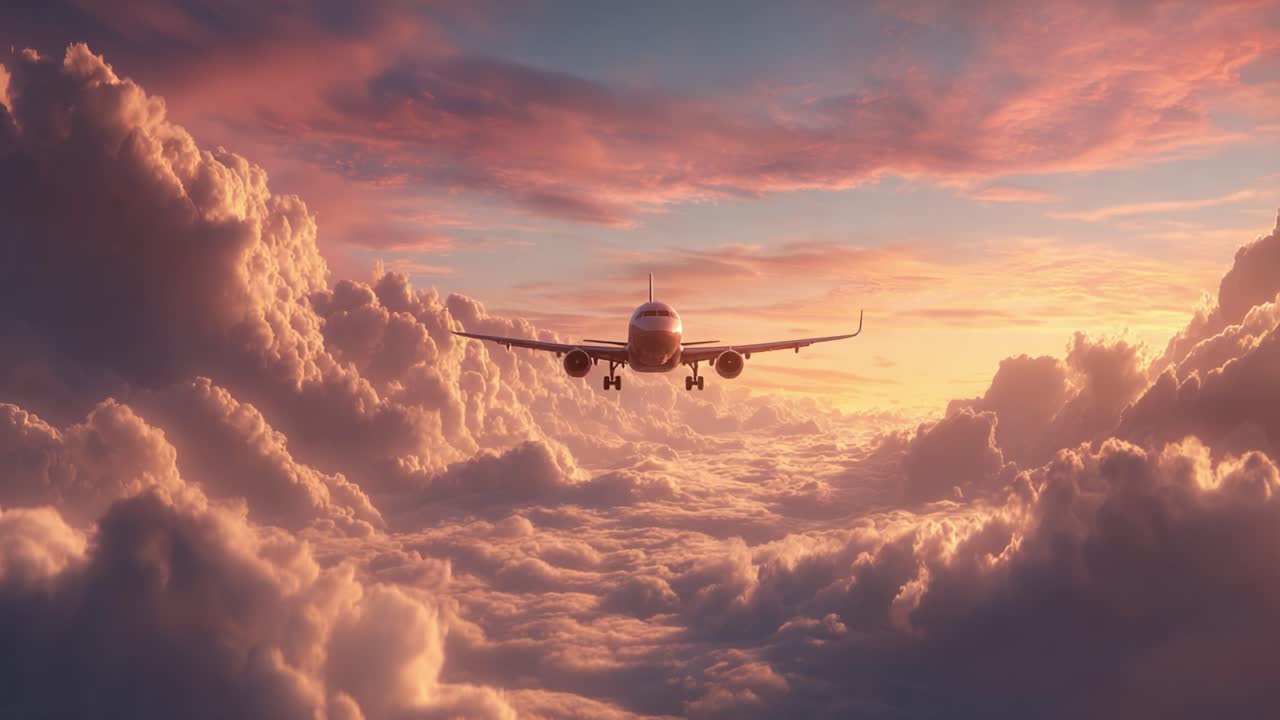 Un majestuoso avión se eleva entre nubes vibrantes al atardecer, capturando los colores del crepúsculo y la serenidad de los viajes a gran altitud