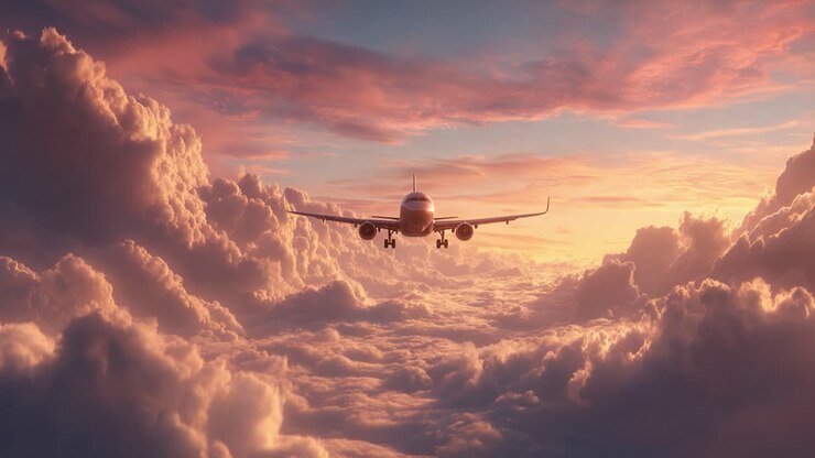 Un avion majestueux traverse des nuages éclatants au coucher du soleil, capturant les couleurs du crépuscule et la sérénité du voyage en haute altitude