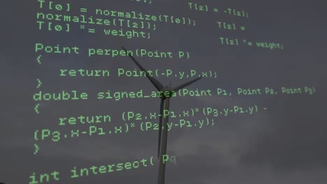 animation of data processing over wind turbine and sky with clouds