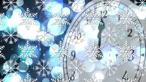 animation of snowflakes over clock on glowing blue lights