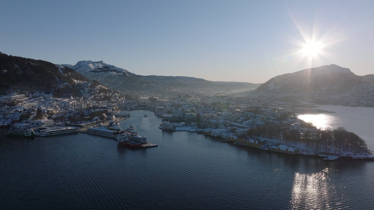 Aerial shot of Bergen and the surrounding mountains on a beautiful winter day