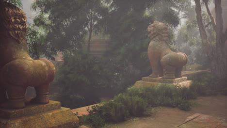 ancient stone lion statues in a foggy jungle setting