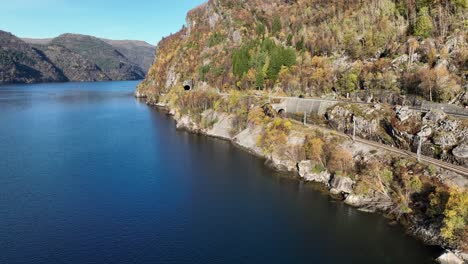 railway and road e16 with tunnels at hetteneset near stanghelle, norway