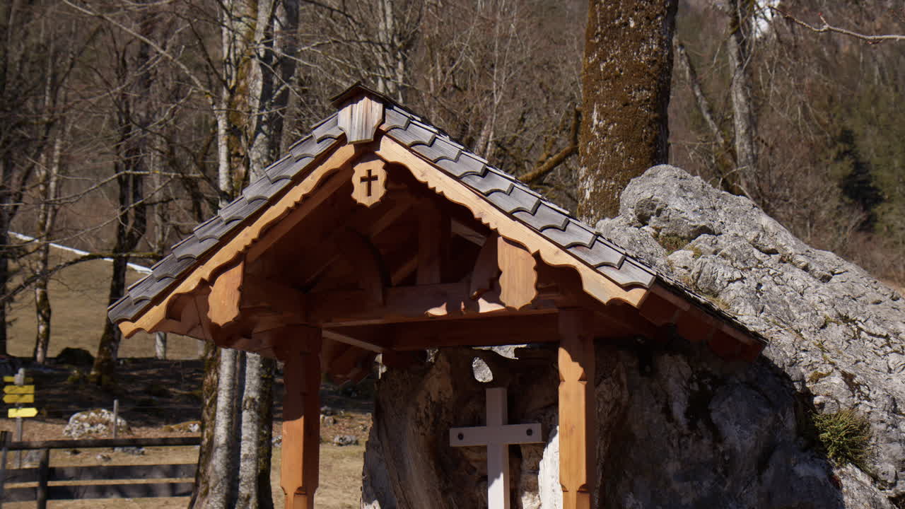 A Wooden Structure Of Wayside Shrine Along Roadsides Near Inzell Village In Germany. Close-up Shot