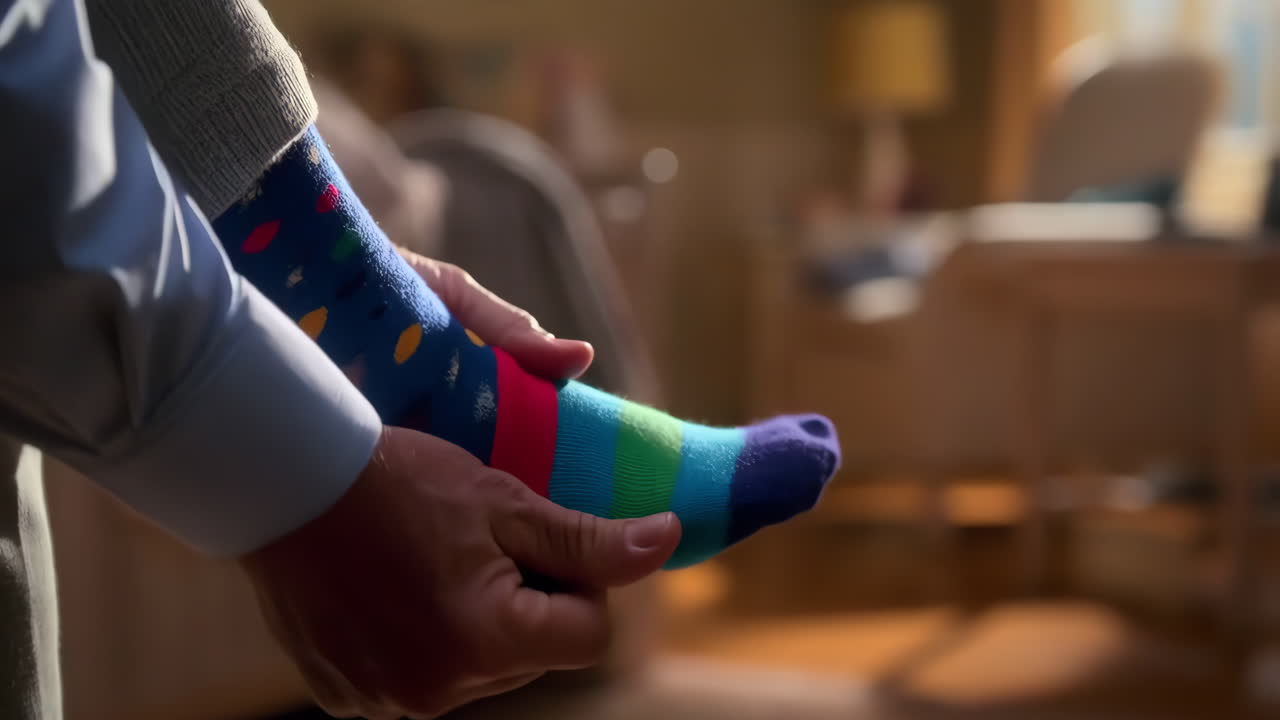 Person putting on colorful patterned socks